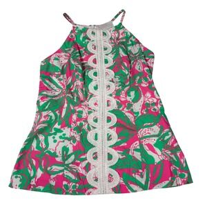 Lilly Pulitzer Annabell Racerback Top 0 Pink Green Floral Lace Crochet Trim Zip